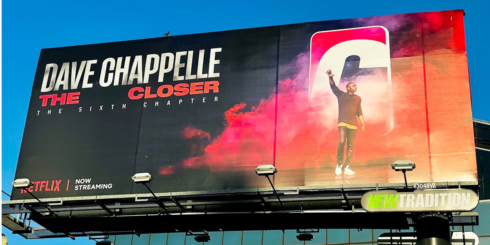 A billboard promotes Dave Chappelle's sixth Netflix comedy special, 'The Closer' in 2021.