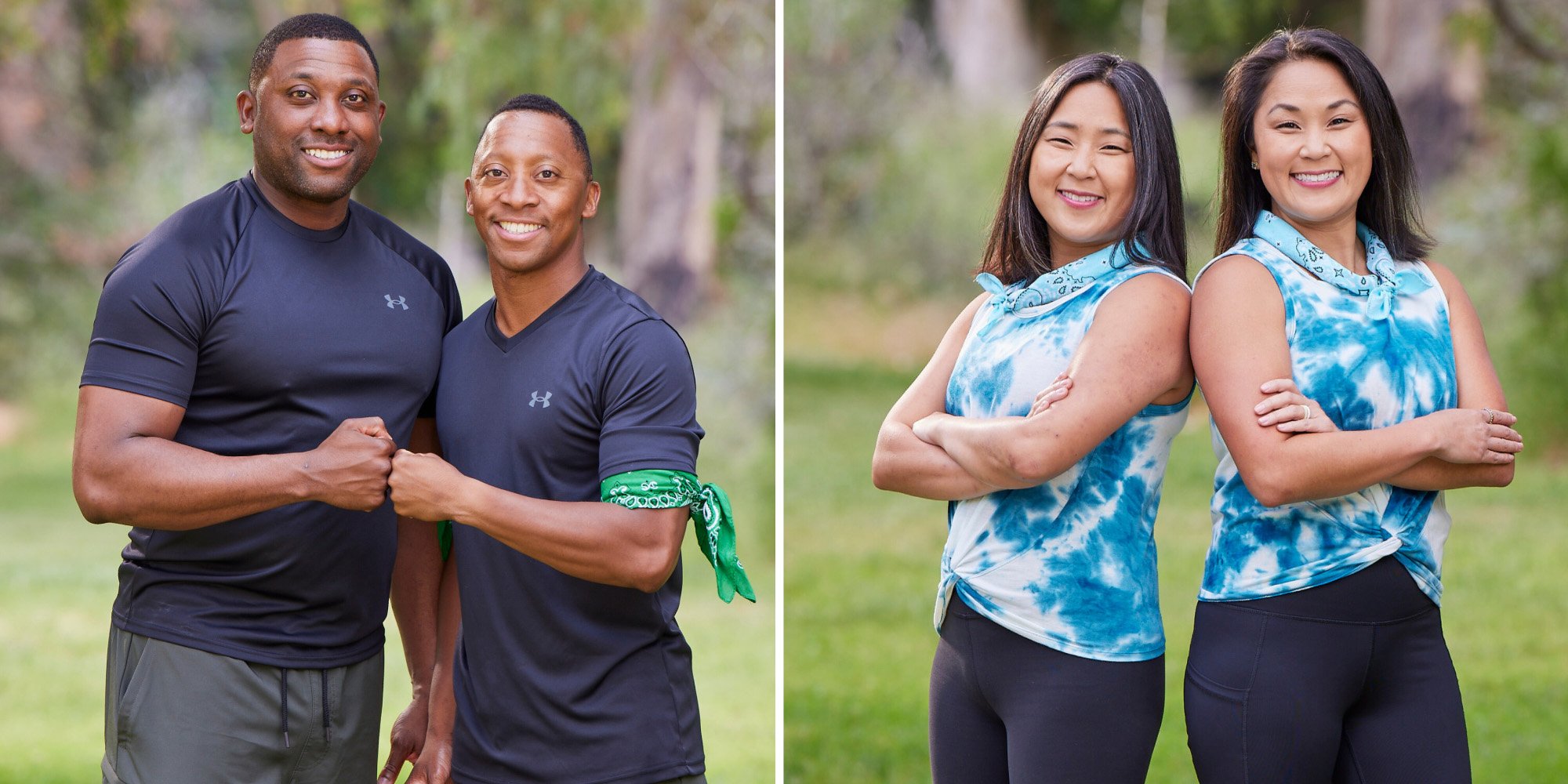 The Amazing Race Season 34 teams, left: Marcus and Michael Craig bump fists and smile at the camera together. Right: Emily Bushnell and Molly Sinert stand back-to-back with their arms crossed and smile at the camera.