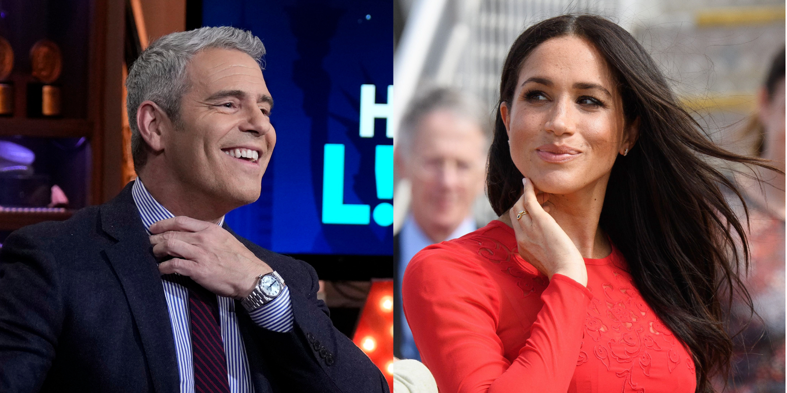 Andy Cohen and Meghan Markle in side by side photographs.