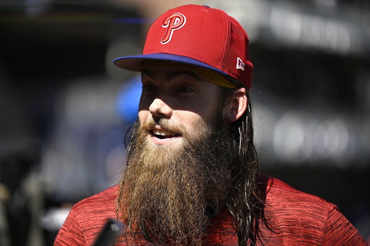 Brandon Marsh #16 of the Philadelphia Phillies looks on during batting practice prior to game two of the National League Championship Series