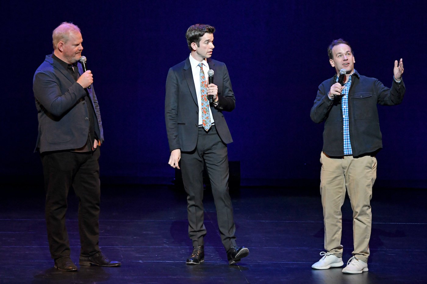 Jim Gaffigan, John Mulaney, and Mike Birbiglia performed onstage in 2019