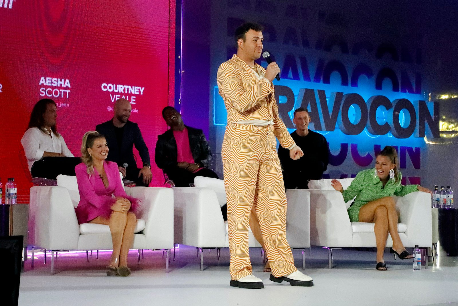 Gary King, Daisy Kelliher, Dave White, Mzi 'Zee' Dempers, Kyle Viljoen, Courtney Veale, Fraser Olender, and Aesha Scott from the 'Below Deck' franchise on stage at BravoCon
