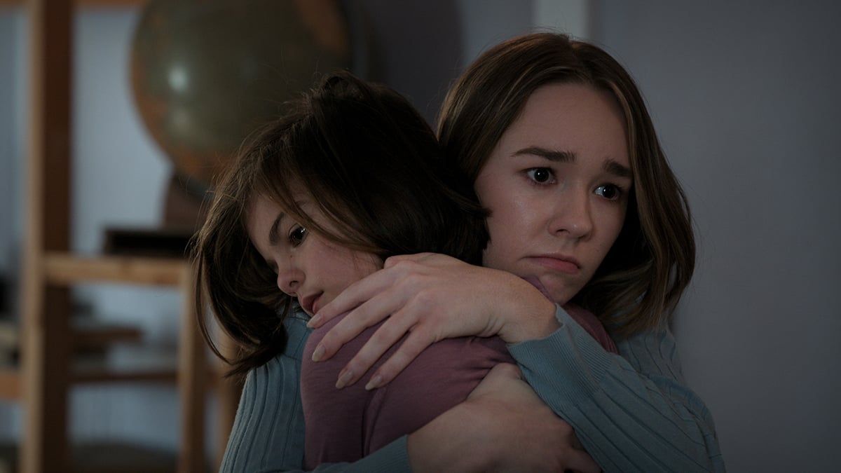 Brianna Riccio and Gianna Riccio as Eden Stone hugging Holly Taylor as Angelina Meyer in Manifest Season 4 Part 1