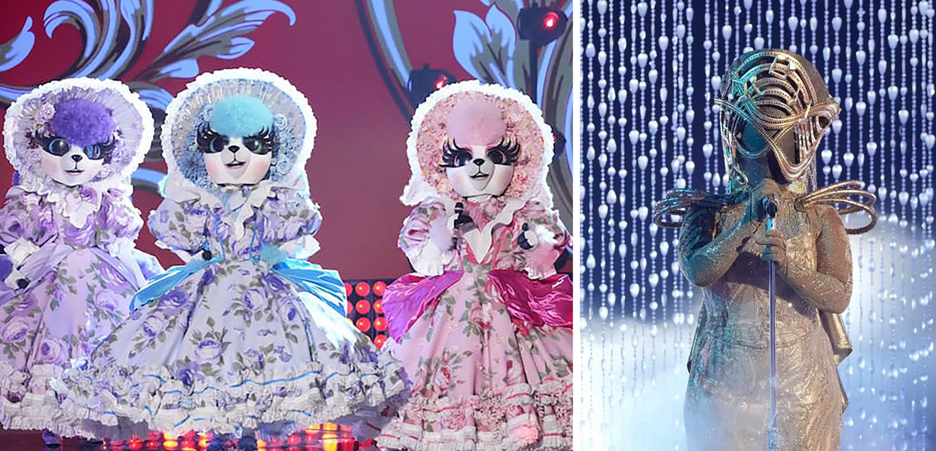 The Masked Singer Season 8 finale masks: Left image shows the Lambs standing side by side on The Masked Singer. Right Image shows Harp mid-performance on The Masked Singer.