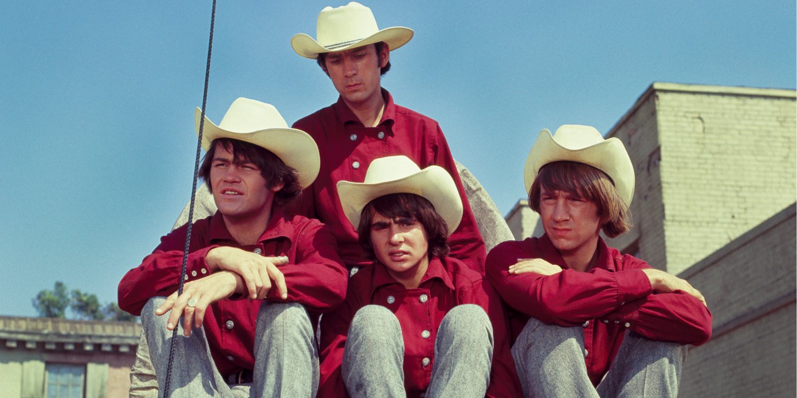 Micky Dolenz, Mike Nesmith, Davy Jones and Peter Tork on the set of 'The Monkees' television series.