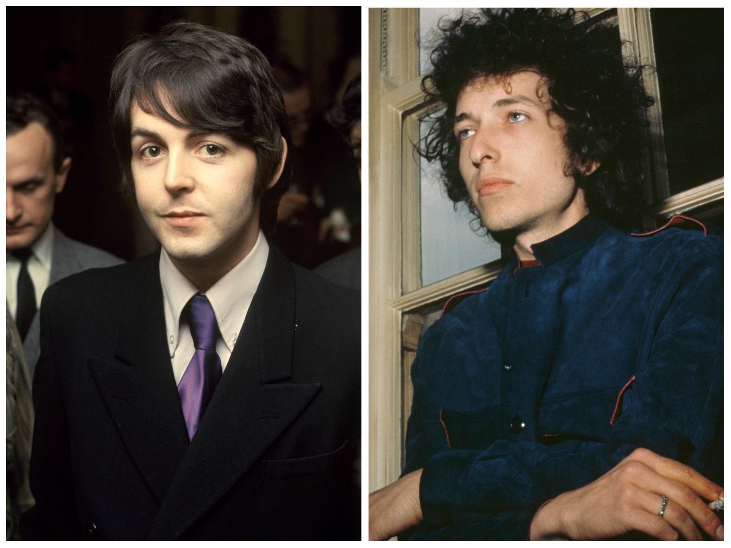 Paul McCartney wears a suit with a purple tie. Bob Dylan stands in front of a window.