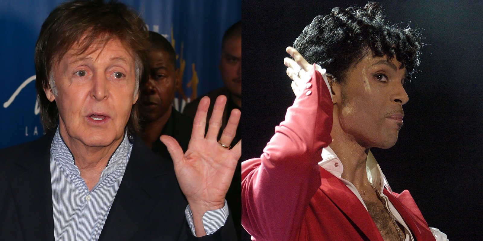 Paul McCartney and Prince pose together in side by side photographs.