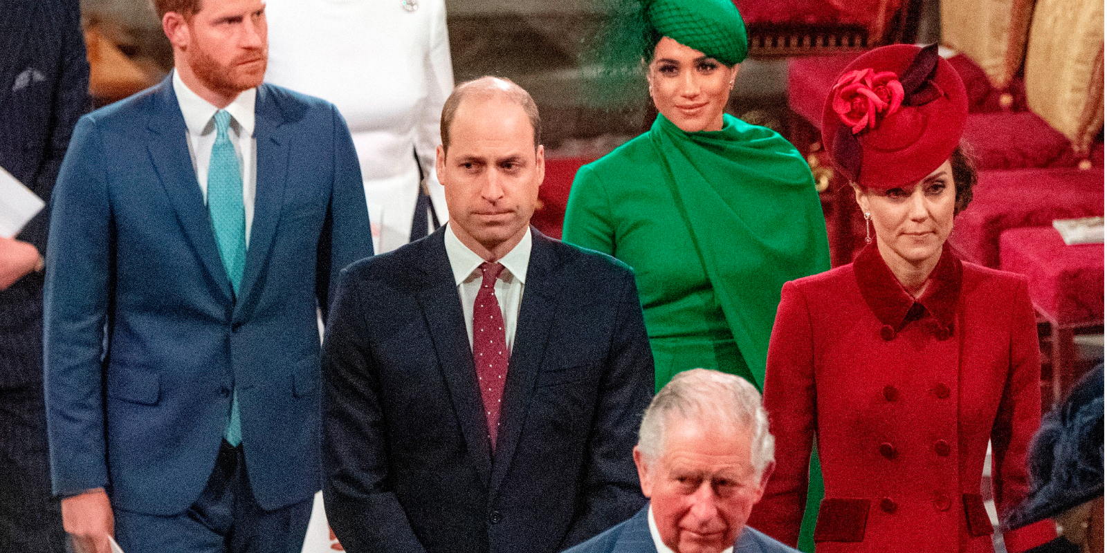 Prince Harry, Meghan Markle, Prince William, Kate Middleton, and King Charles III.
