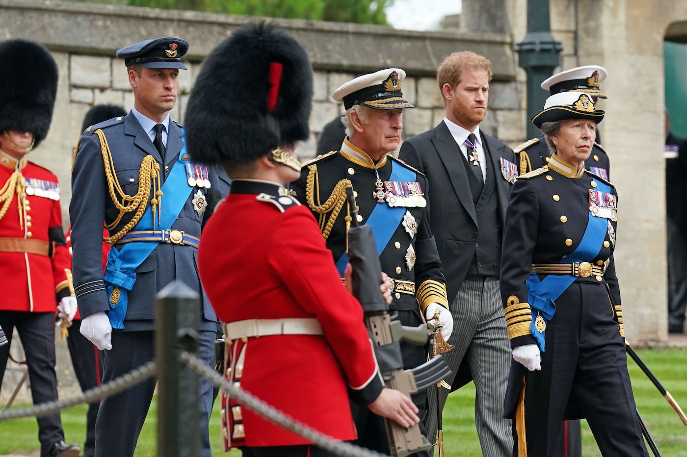 Prince William, Prince of Wales, Prince Harry, Duke of Sussex, Peter Phillips, King Charles III, Princess Anne, Princess Royal and Prince Andrew, Duke of York at the Queen's funeral