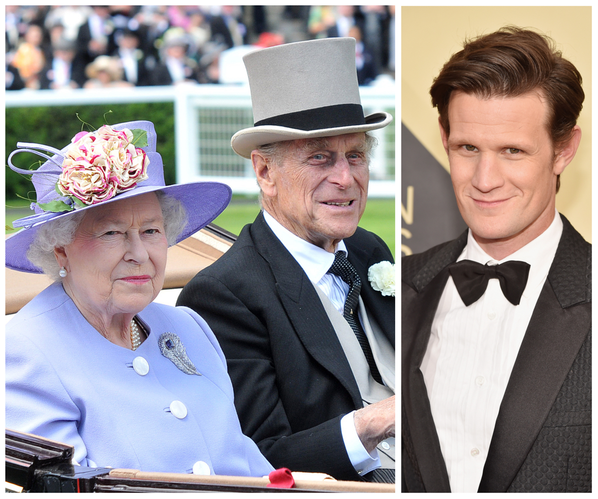 A composite photo of Queen Elizabeth II and Prince Philip next to a picture of "The Crown" actor Matt Smith.