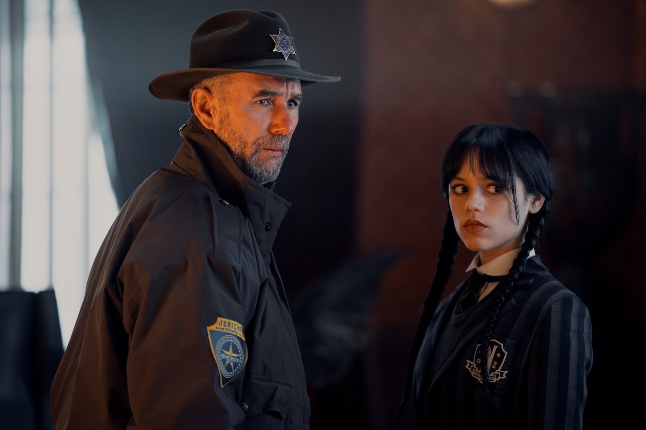 Sheriff Galphin (Jamie McShane) and Wednesday Addams (Jenna Ortega) in episode 2 of 'Wednesday' on Netflix