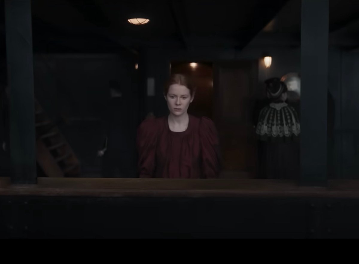 Emily Beecham films a scene as Maura in '1899'