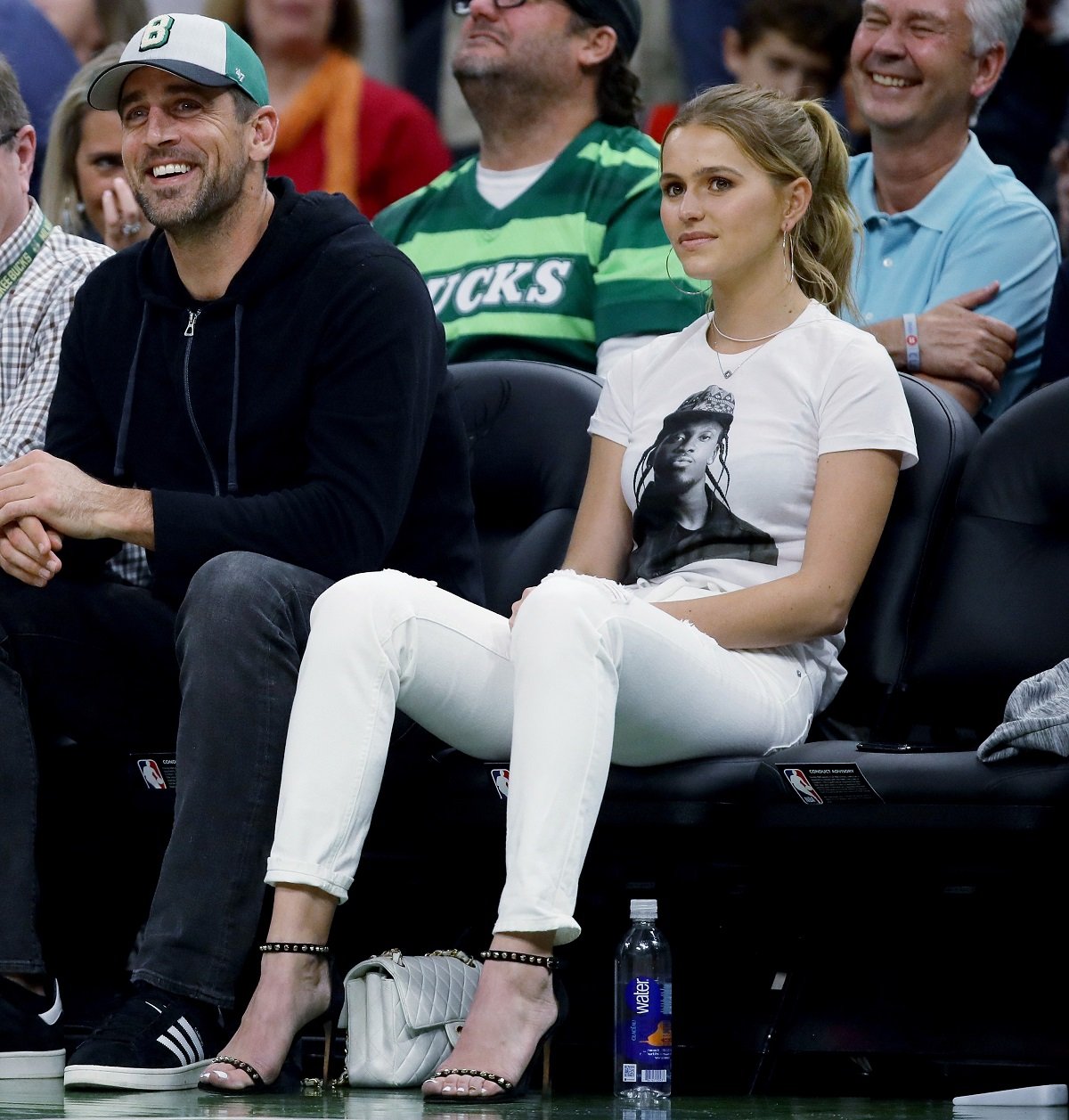 Aaron Rodgers, who sparked dating rumors with Mallory Edens, look on during Milwaukee Bucks Game 5 of the Eastern Conference Finals