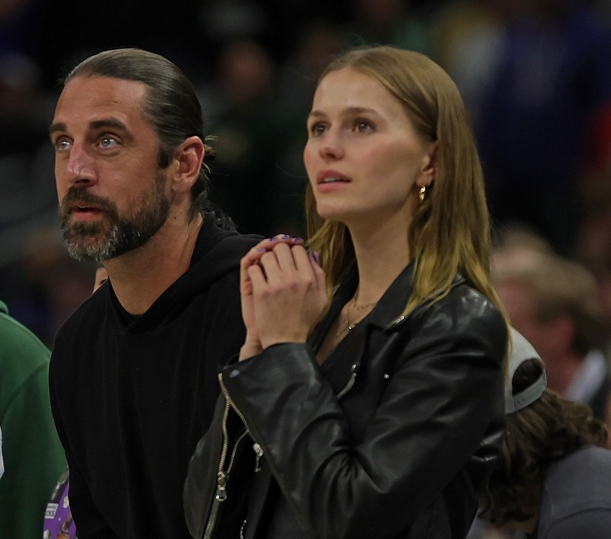 Aaron Rodgers and Mallory Edens watching Game 2 of the Eastern Conference First Round Playoffs between the Milwaukee Bucks and the Chicago Bulls