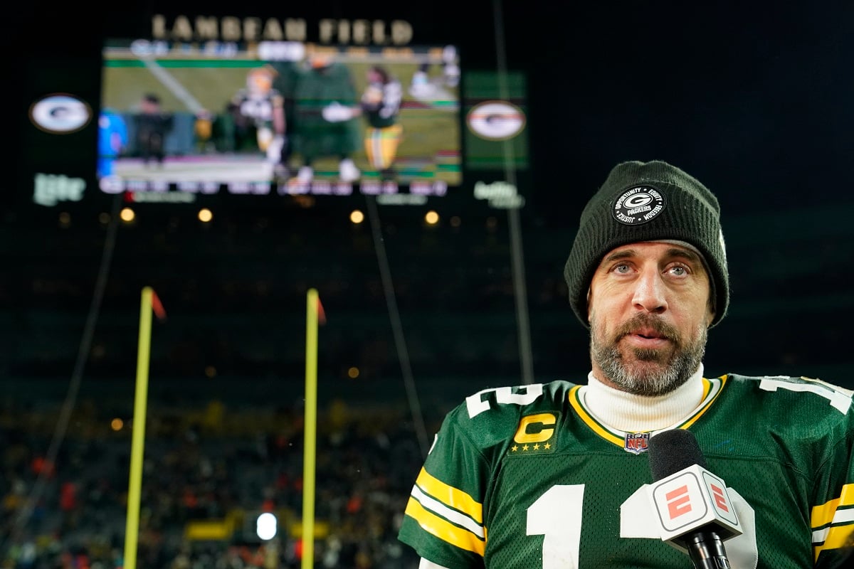 Aaron Rodgers reacts after defeating the Los Angeles Rams at Lambeau Field