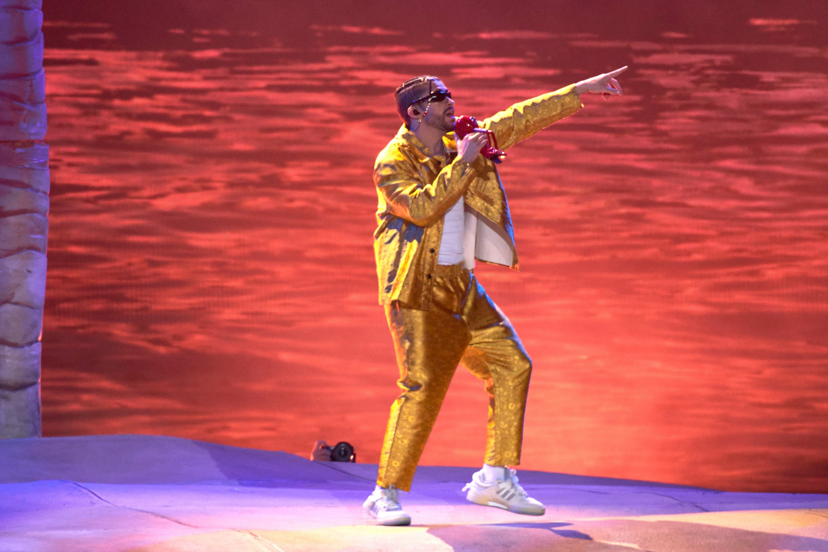 Bad Bunny performing during his second concert at Azteca Stadium, as a part of World Hottest Tour