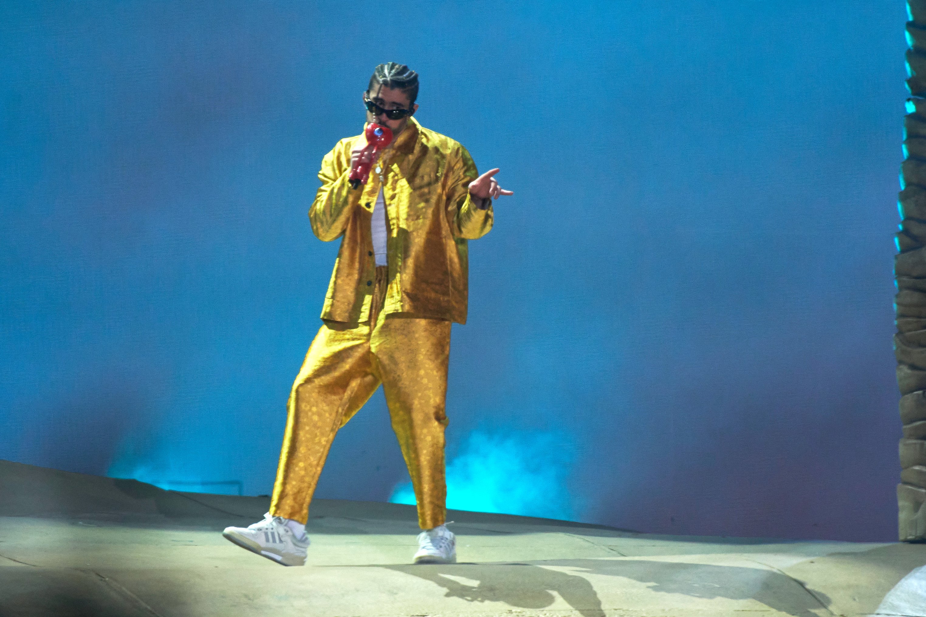 Bad Bunny performing during his second concert at Azteca Stadium, as a part of World Hottest Tour