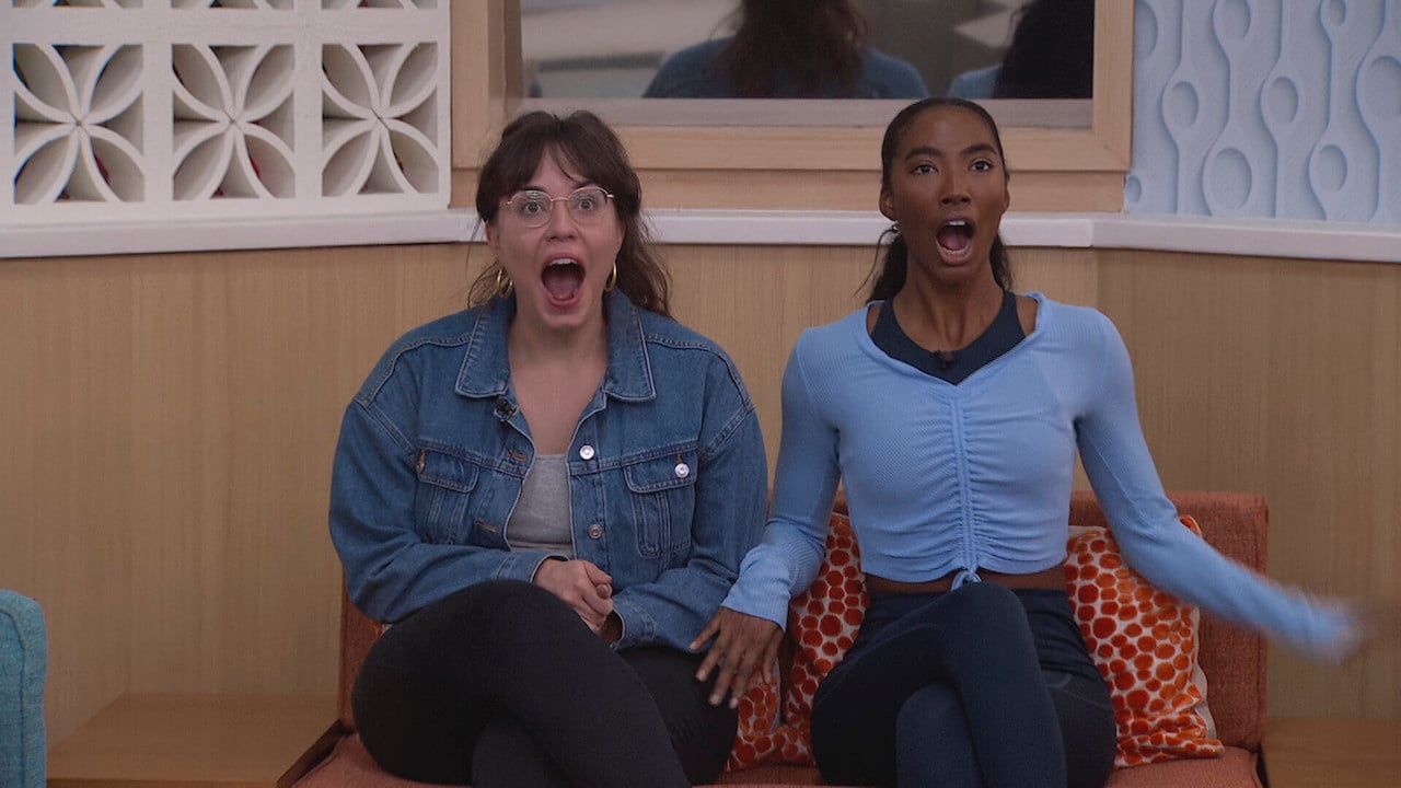 Brittany Hoopes and Taylor Hale sit next to each other in the nomination chairs looking shocked on 'Big Brother 24'.