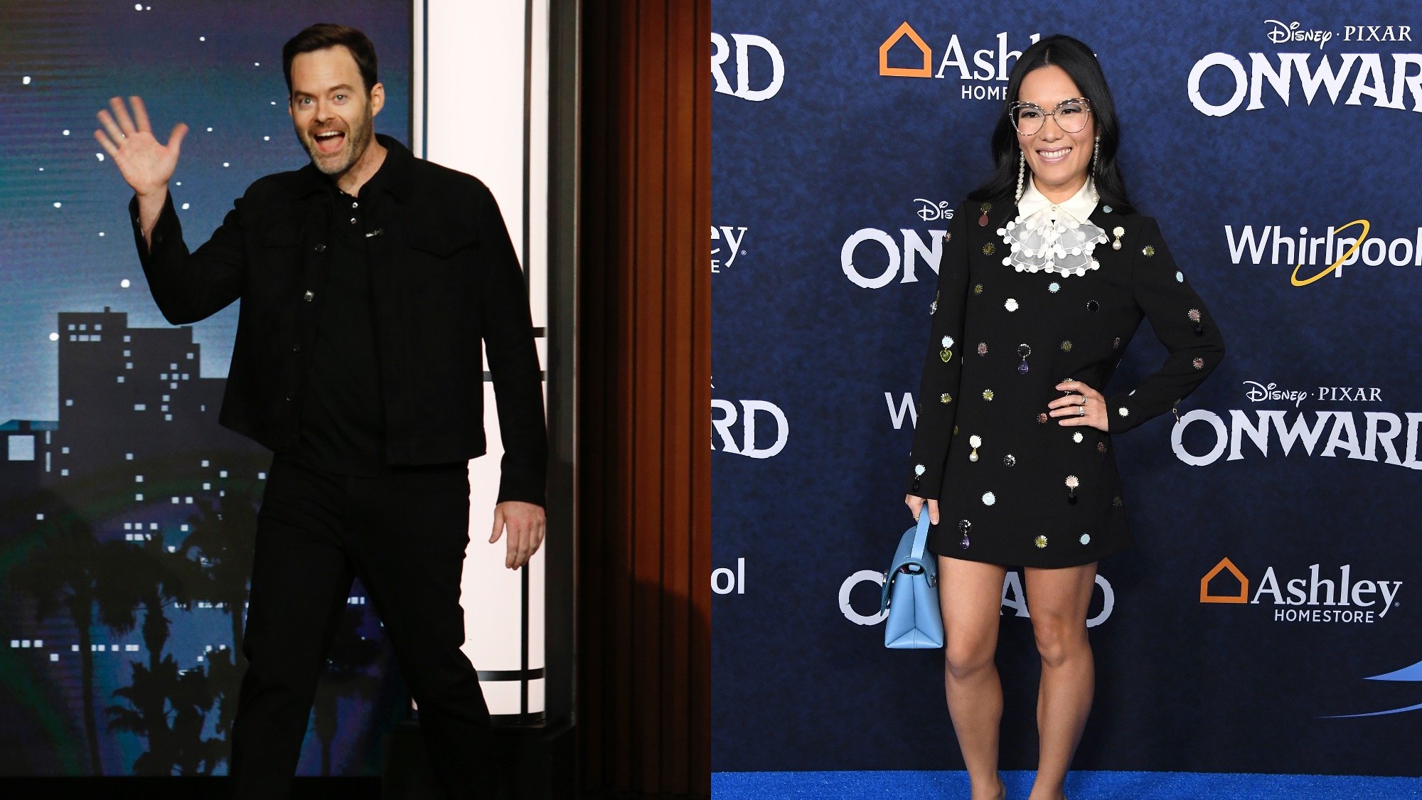 (L) Bill Hader on "Jimmy Kimmel Live!" in 2022. (R) Ali Wong arrives at the Premiere Of Disney And Pixar's "Onward" on February 18, 2022.