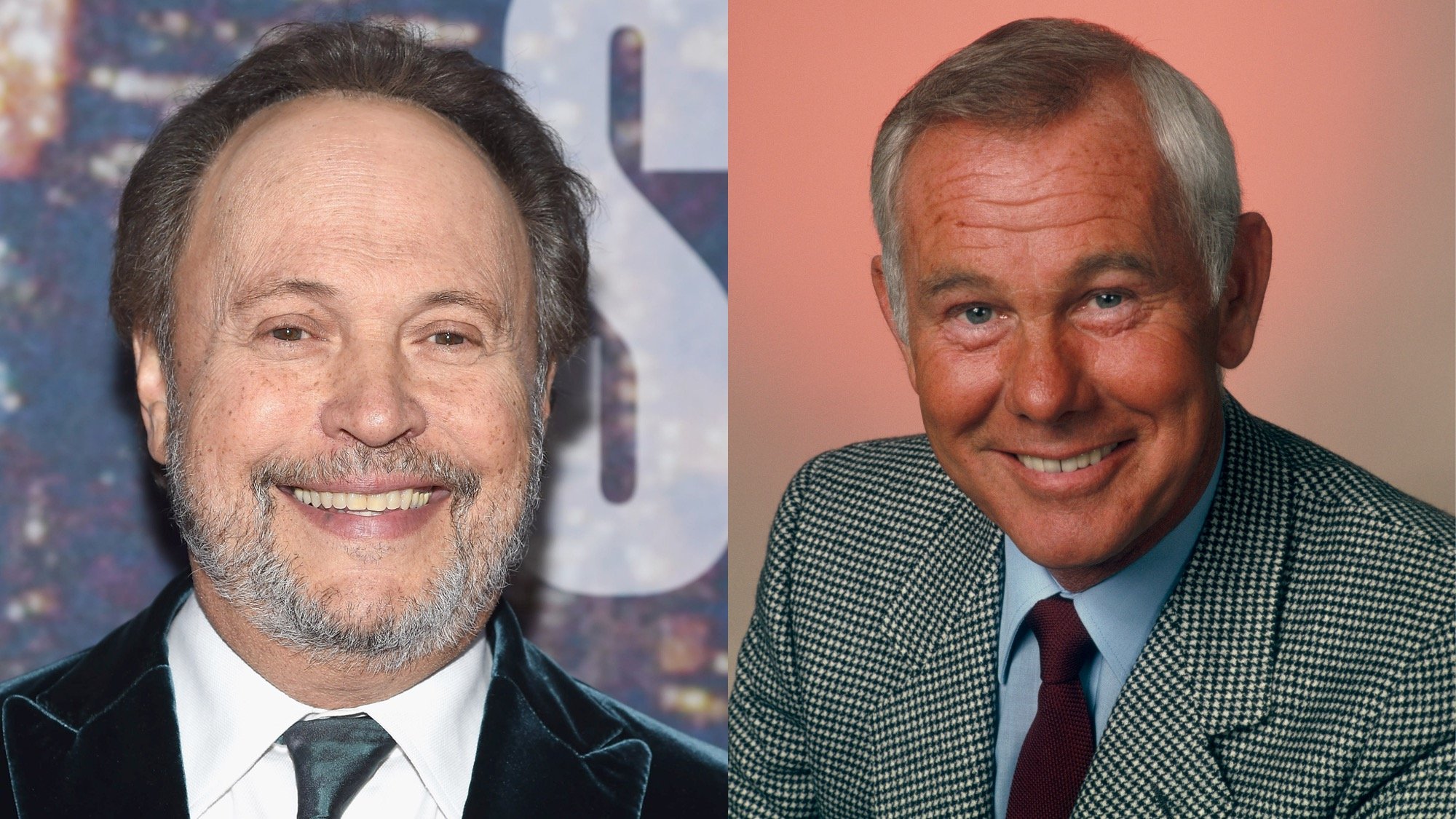 (L) Billy Crystal attends the SNL 40th Anniversary Celebration at Rockefeller Plaza on February 15, 2015. (R) A photo of Johnny Carson from 'The Tonight Show.'