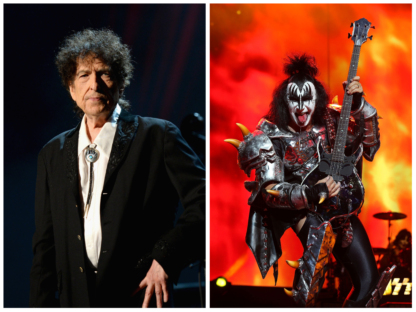 Bob Dylan wears a bolo tie and stands with his hand on his hip. Gene Simmons plays guitar and sticks his tongue out.