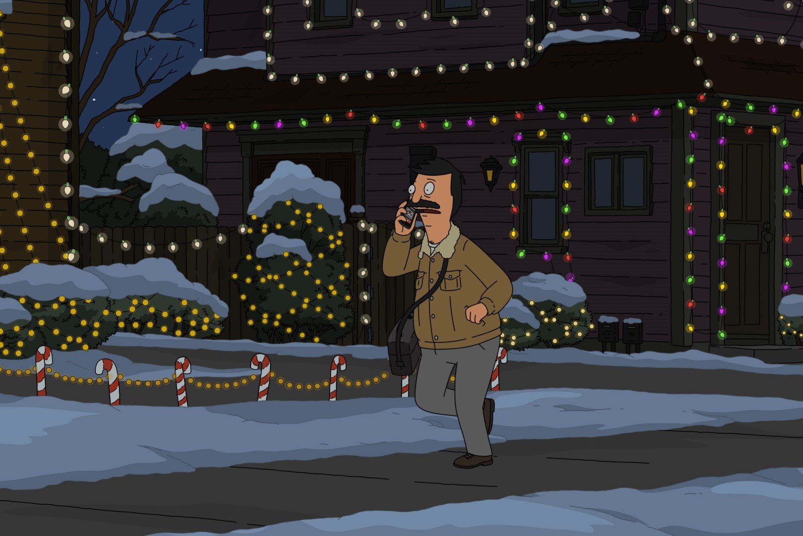 Bob Belcher, wearing his brown coat and gray pants, runs through the streets in 'Bob's Burgers' Season 13 Episode 10, 'The Plight Before Christmas,' on FOX.