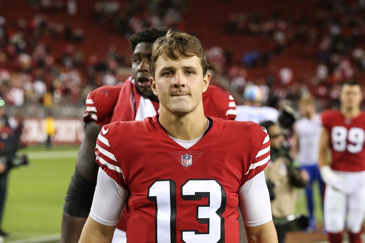 Brock Purdy with his helmet off at game between the Los Angeles Rams and the San Francisco 49ers