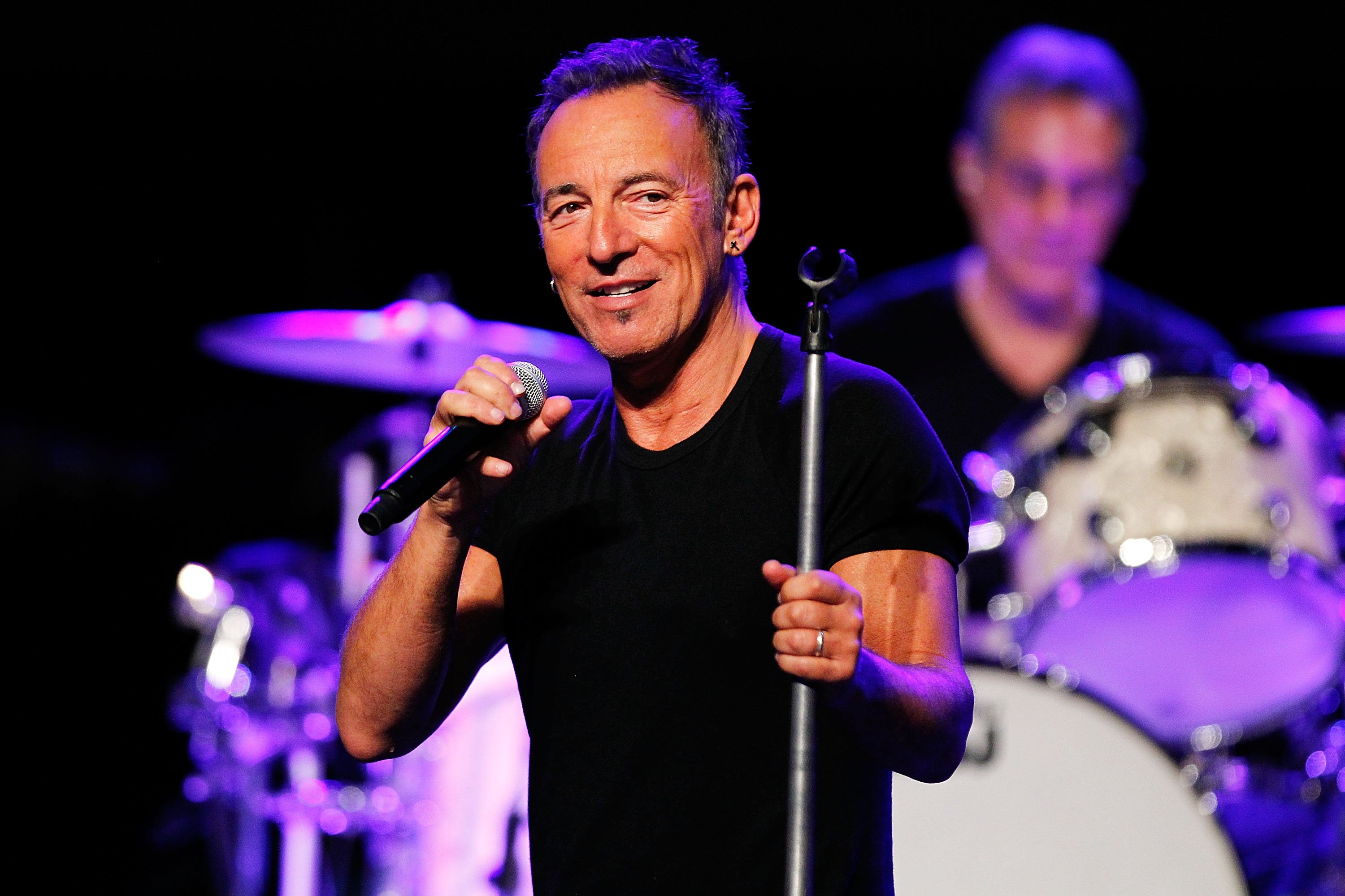 Bruce Springsteen performs at a sound check during a press conference at Perth Arena