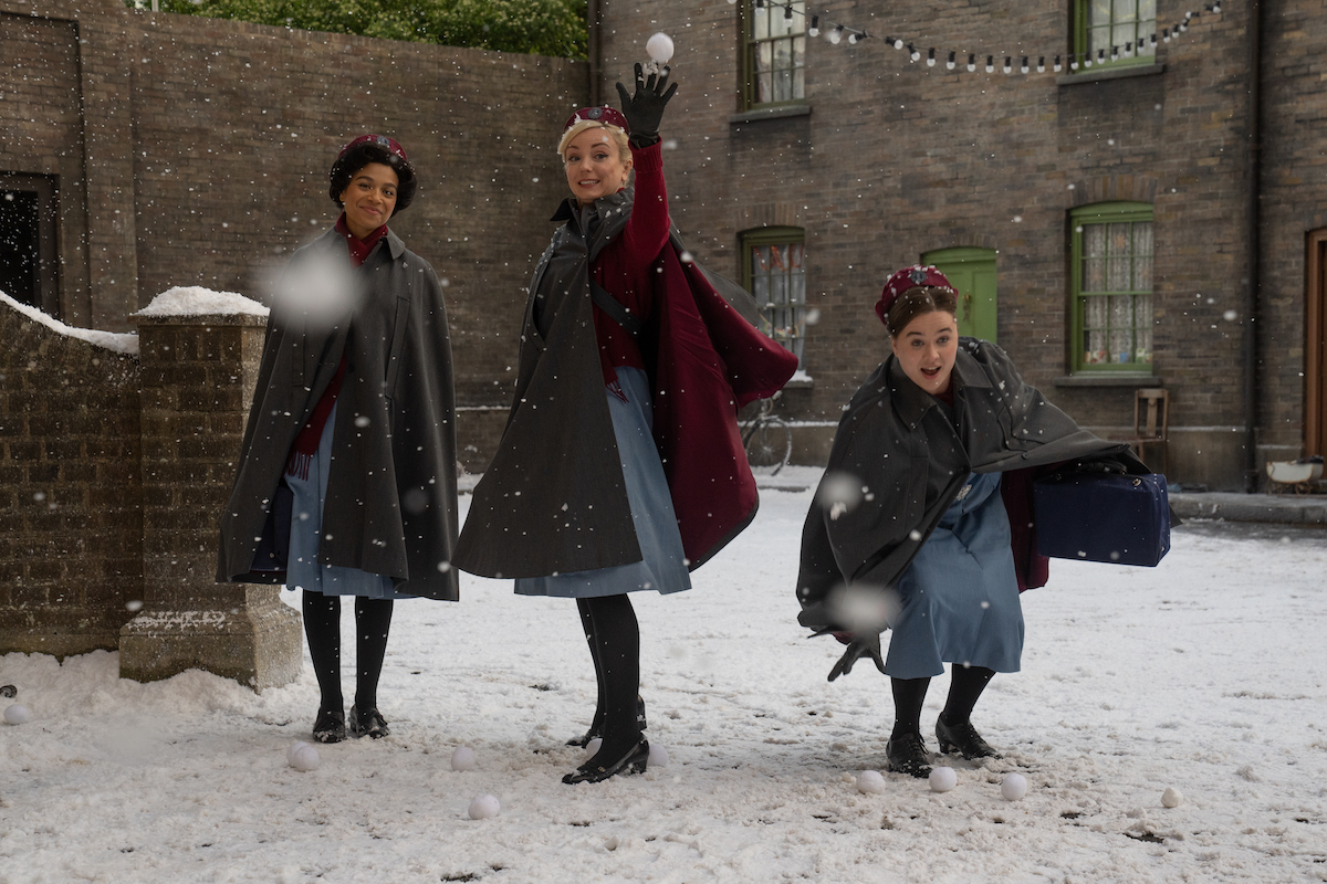 Lucille, Trixie, and Nancy throw snowballs in the 2022 'Call the Midwife' Christmas special on PBS