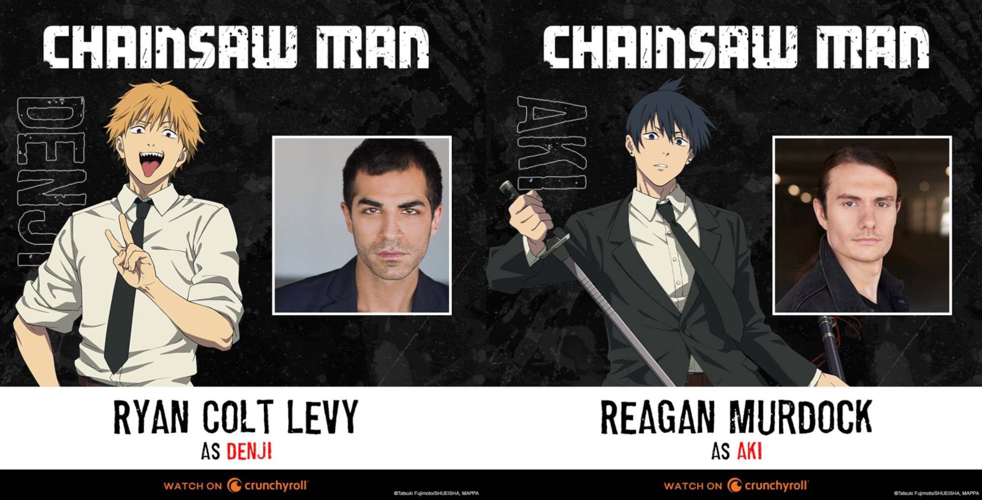 'Chainsaw Man' photos with the dub cast and character photos of Denji and Aki.