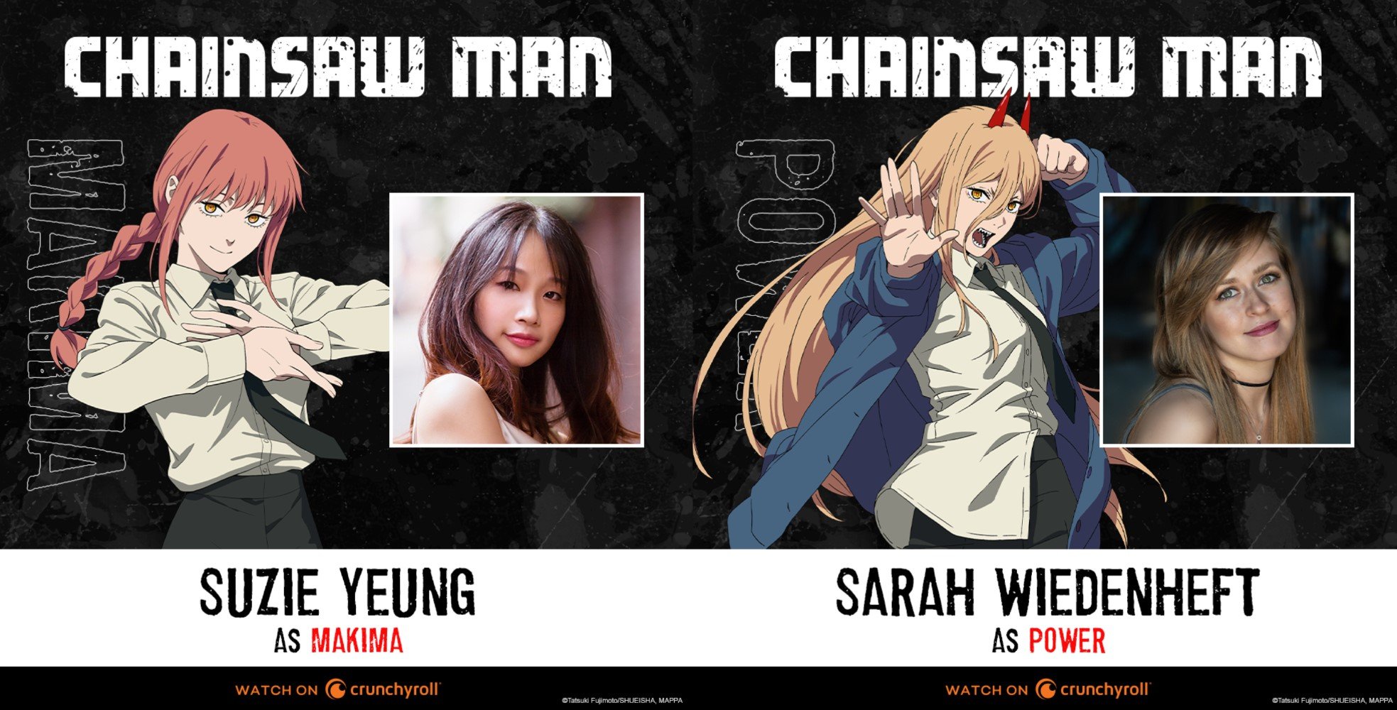 'Chainsaw Man' images featuring dub cast  members Suzie Yeung and Sarah Wiedenheft and their characters, Makima and Power.