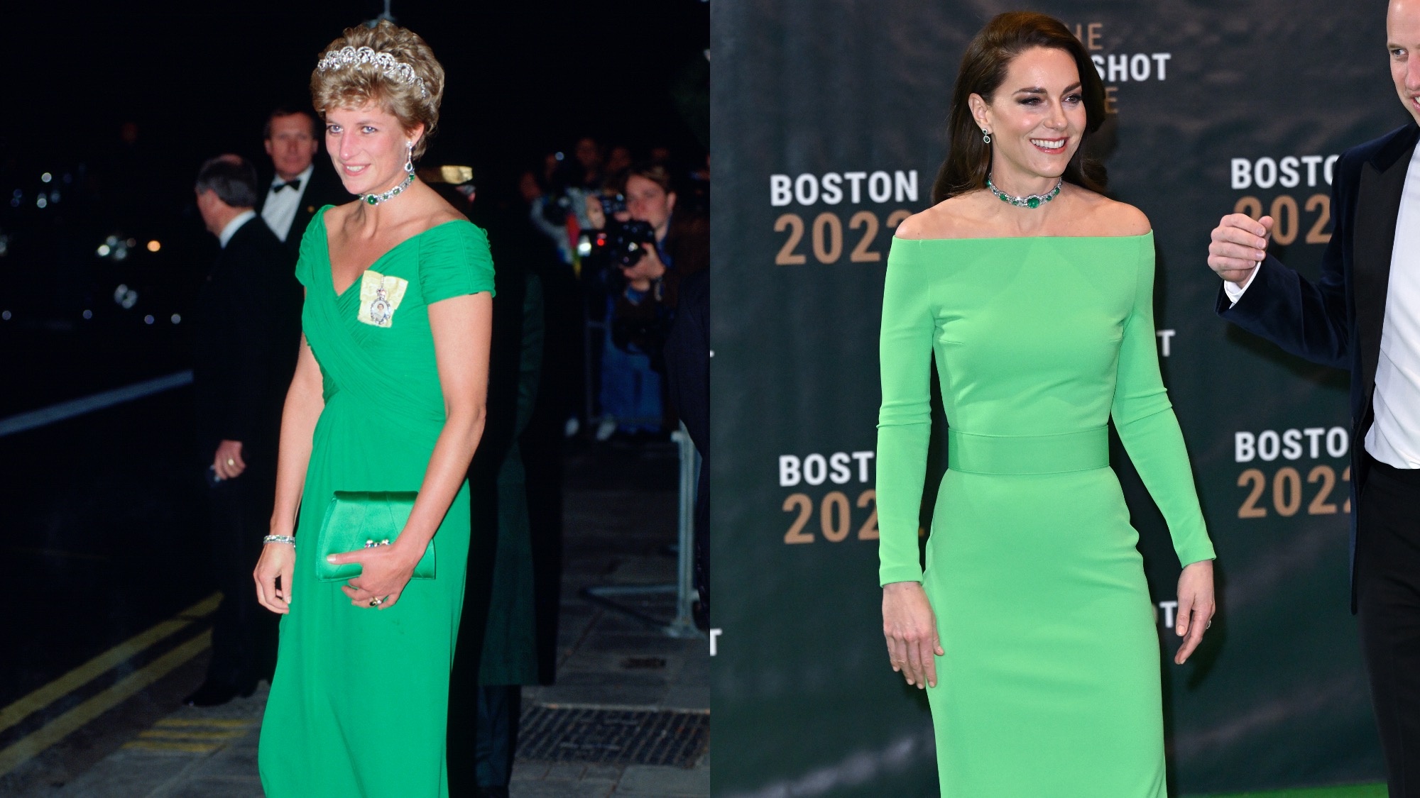 (L) Princess Diana at a 1993 banquet. (R) Kate Middleton attends The Earthshot Prize 2022 in Boston, Massachusetts.