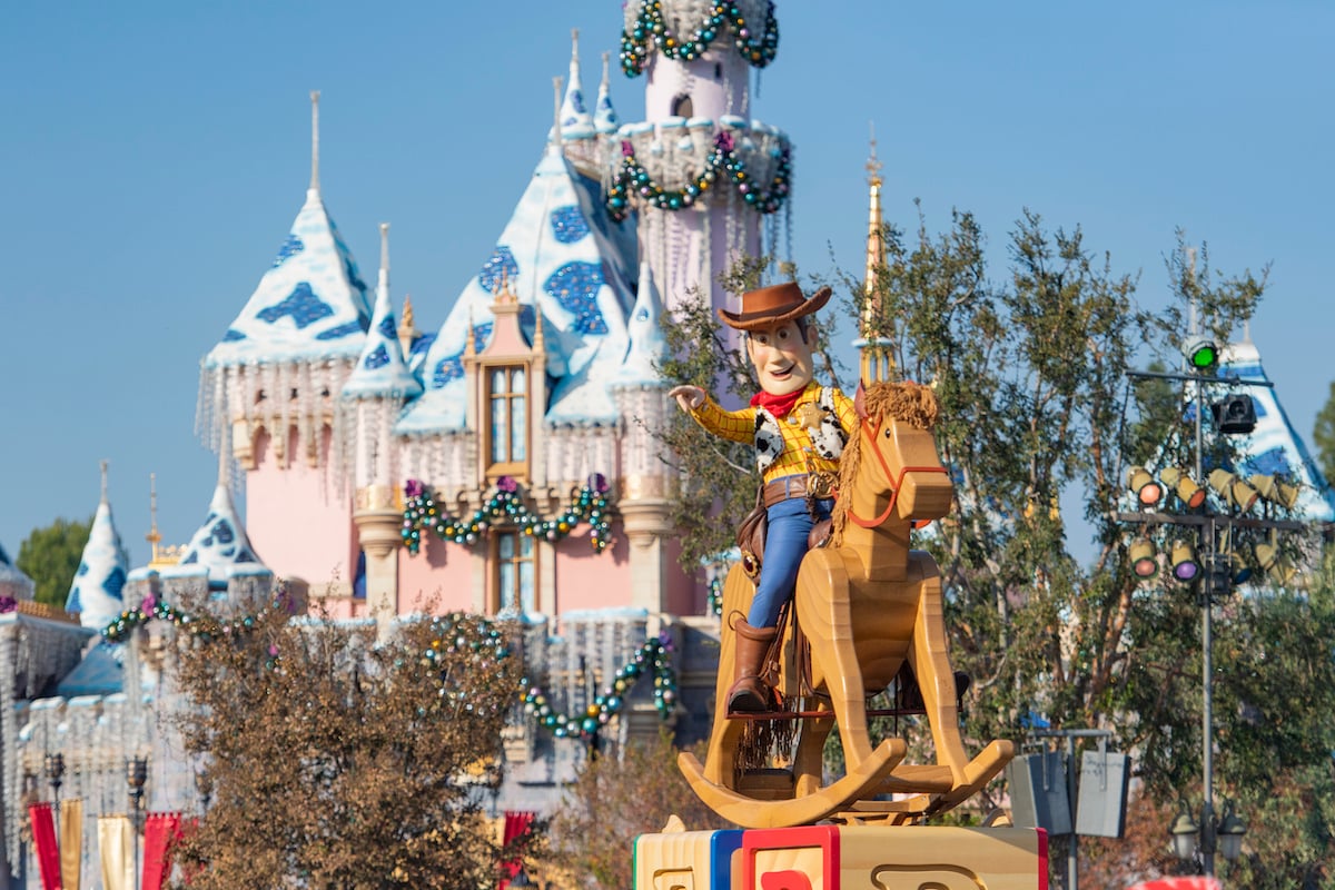 Woody on a Toy Story float at the 2021 Disney Christmas parage