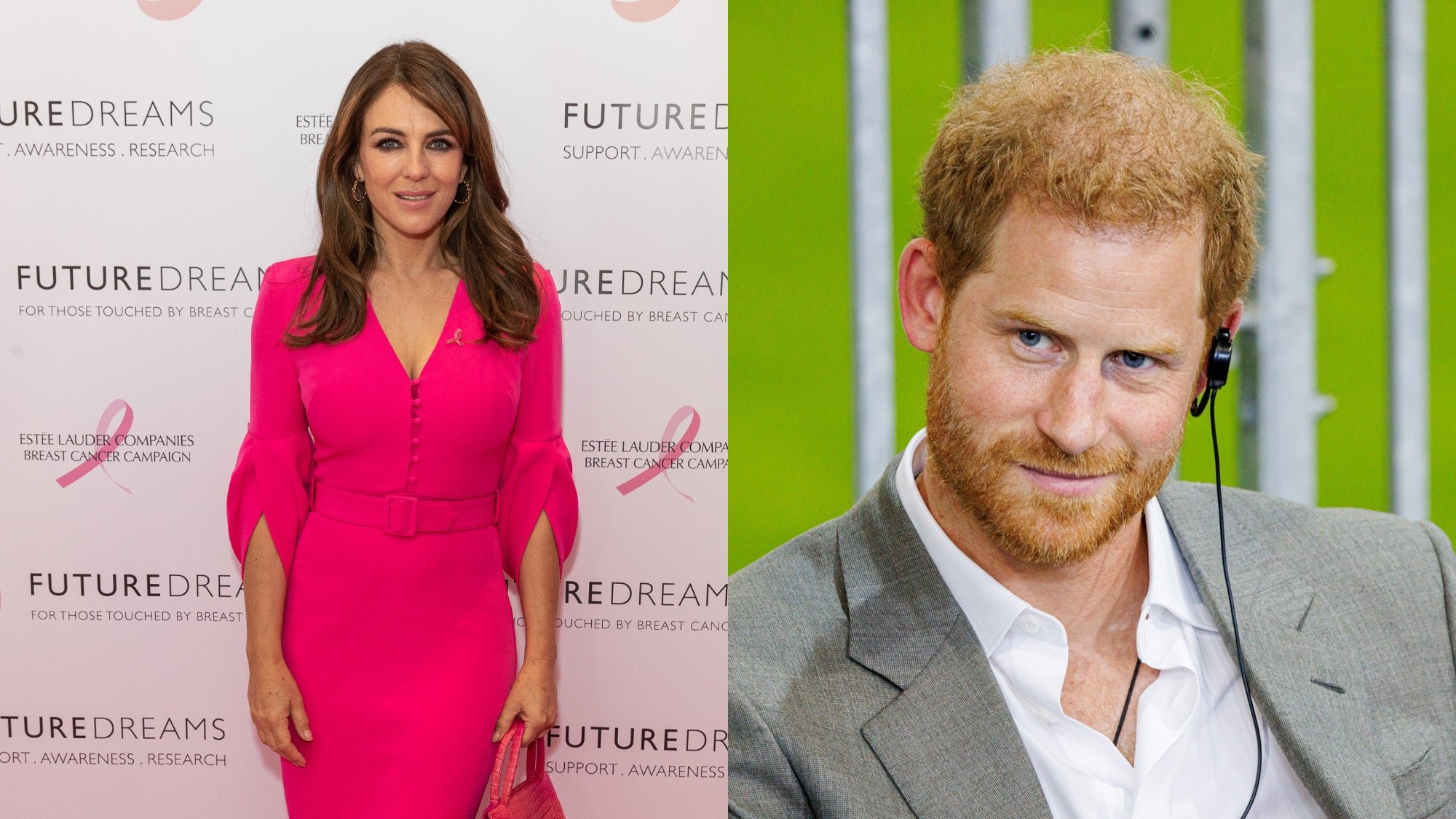 (L) Elizabeth Hurley attends the Future Dreams Ladies Lunch 2019 supported by Estee Lauder at The Savoy Hotel on October 7, 2019, in London, England. (R) Prince Harry, Duke of Sussex attends a press conference at the Merkur Spiel Arena during the Invictus Games Dusseldorf 2023 - One Year To Go events on September 6, 2022, in Dusseldorf, Germany.