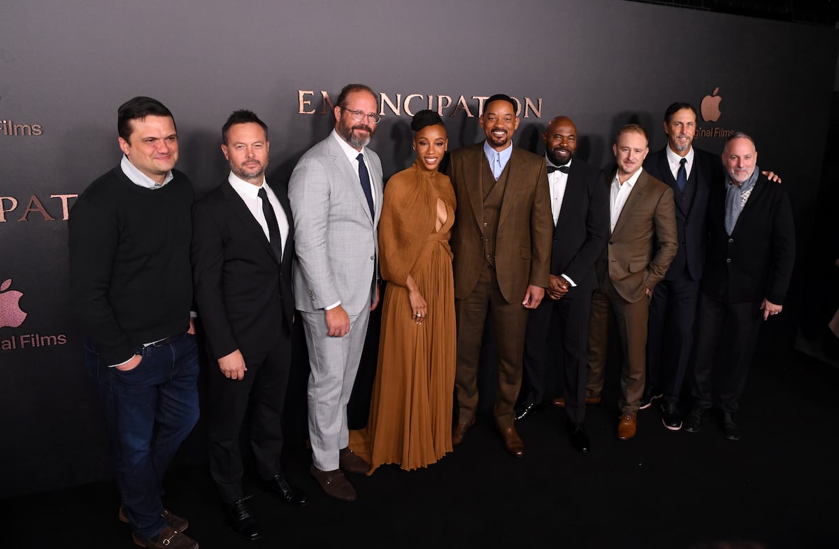 Matt Dentler, Jon Mone, David Denman, Charmaine Bingwa, Will Smith, Antoine Fuqua, Ben Foster, William N. Collage and Todd Black arrive at the European premiere of "Emancipation"