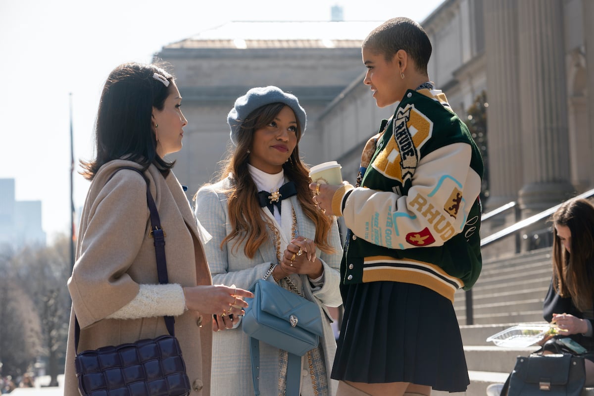'Gossip Girl' cast members Zión Moreno as Luna La, Savannah Lee Smith as Monet de Haan, Jordan Alexander as Julien Calloway on the steps of the Metropolitan Museum of Art