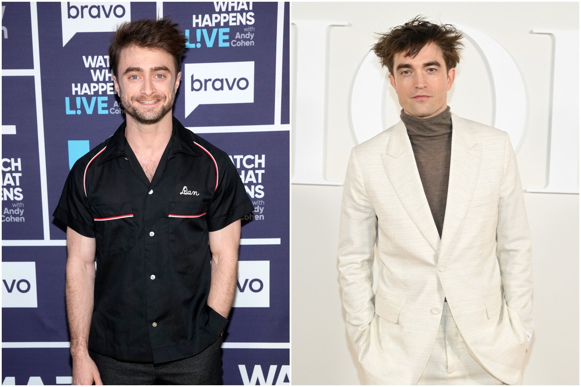 'Harry Potter' stars Daniel Radcliffe and Robert Pattinson. They're both standing in front of step and repeats with their hands in their pockets.