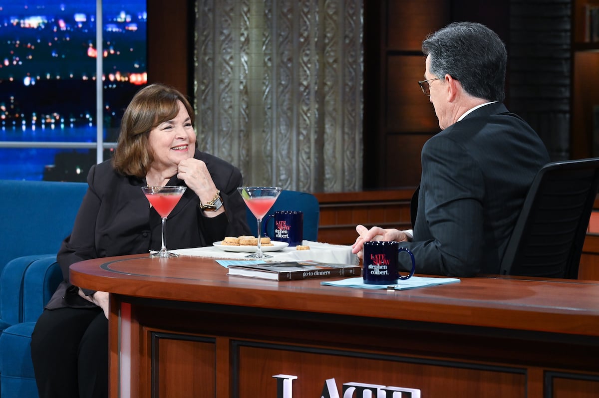 Ina Garten, who has cocktails that can be served in a slow cooker, sits across from Stephen Colbert