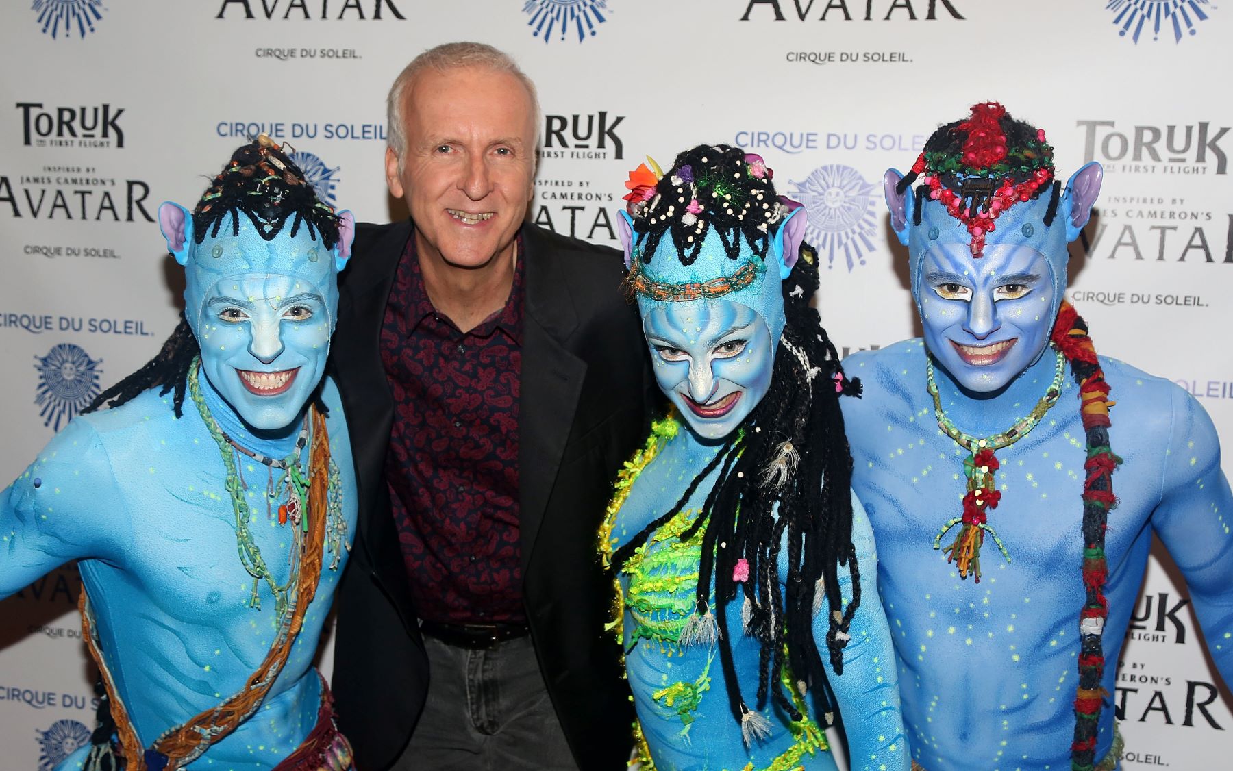 James Cameron with Cirque Du Soleil's 'Toruk' performers dressed like Na'vi from 'Avatar' at Barclays Center
