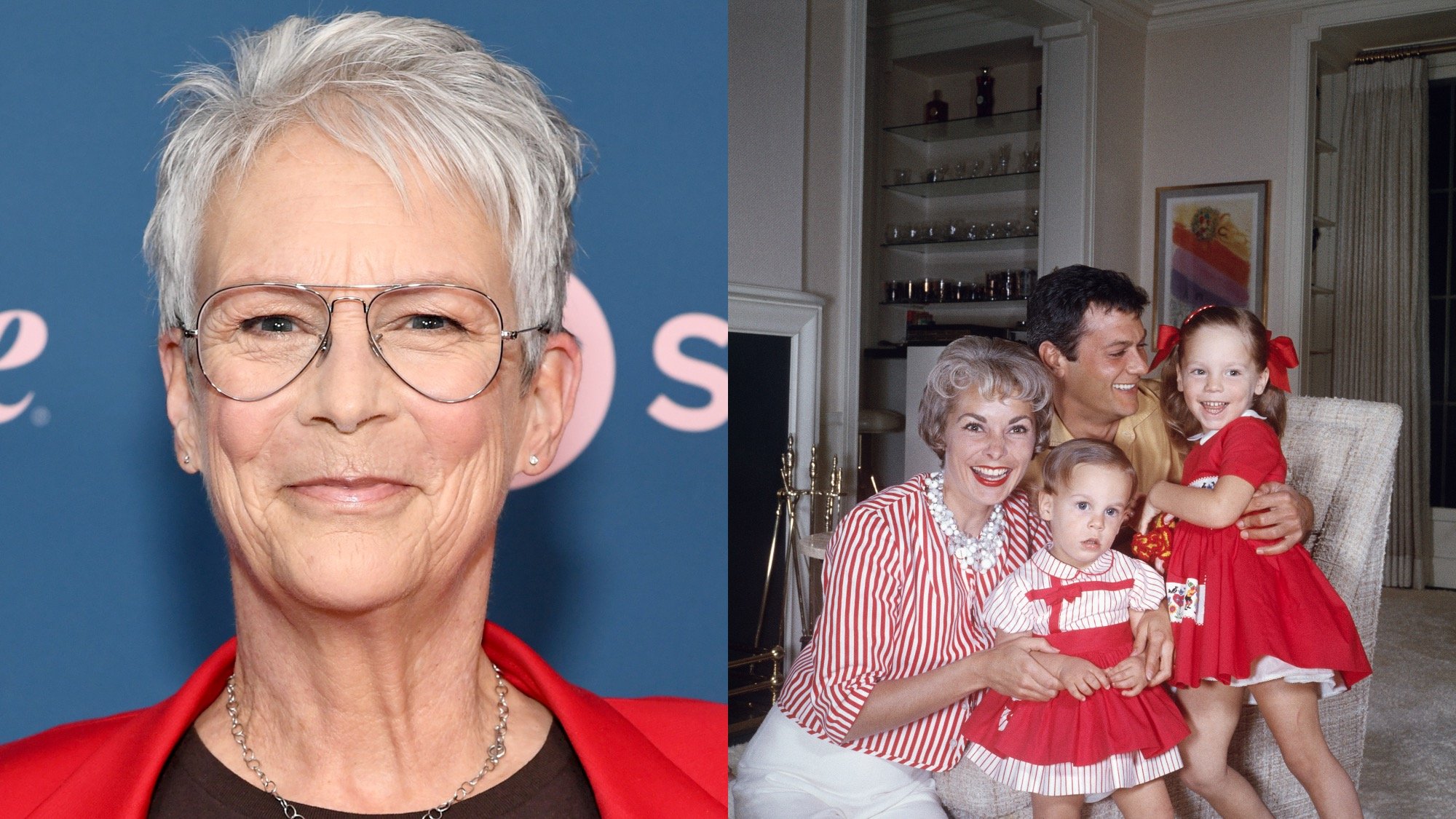 (L) Jamie Lee Curtis attends The Hollywood Reporter's Women In Entertainment Gala presented by Lifetime on December 07, 2022. (R) Tony Curtis and Janet Leigh with their two daughters, Jamie Lee and Kelly Lee.