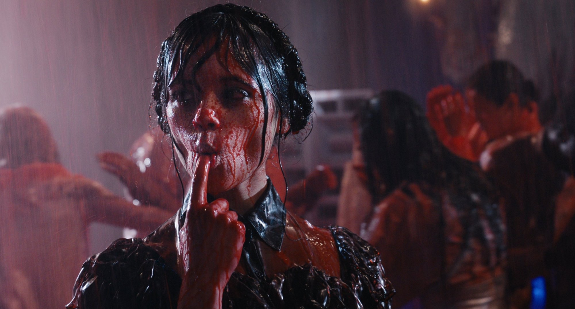 Jenna Ortega as Wednesday Addams covered in blood at the Rave'N in 'Wednesday.'