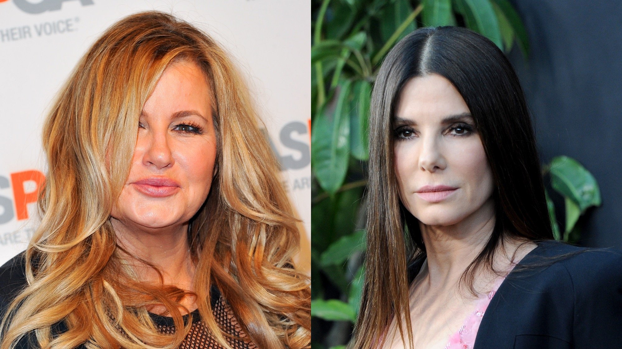 (L) Jennifer Coolidge attends ASPCA Benefit event at Private Residence on October 20, 2016, in Los Angeles, California. (R) Sandra Bullock attends the Los Angeles premiere of Paramount Pictures' "The Lost City" held on March 21, 2022, in Los Angeles, California.