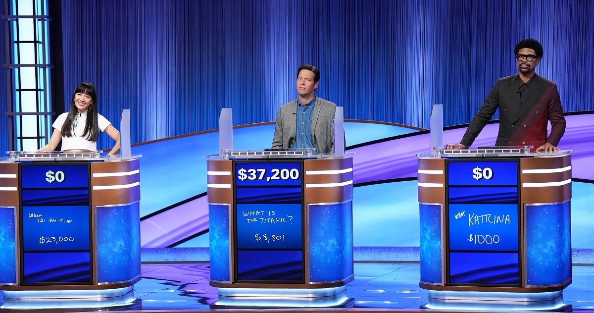 'Celebrity Jeopardy!' contestants Contance Wu, Ike Barinholtz, and Jalen Rose participate in Final Jeopardy.