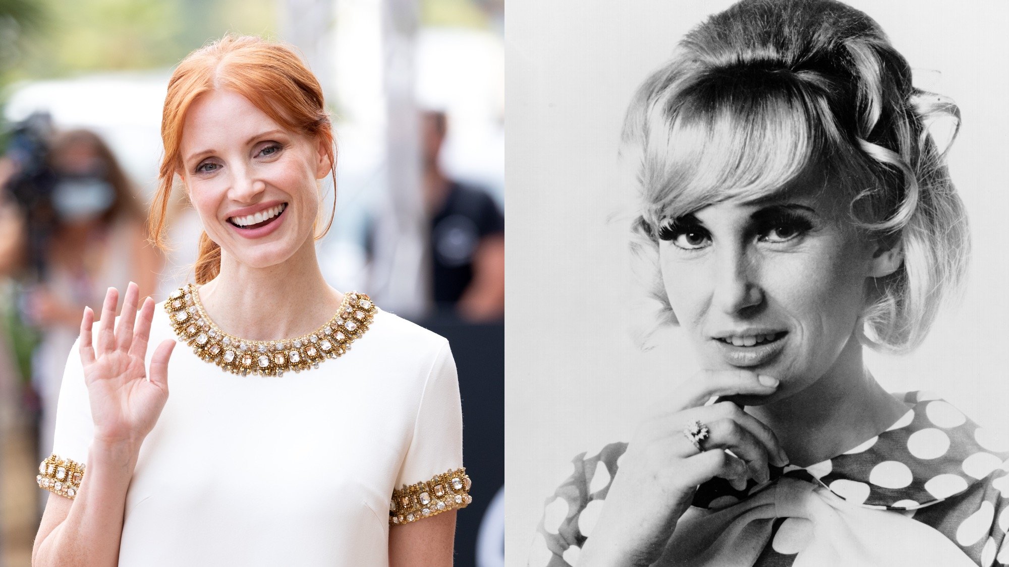 (L) Jessica Chastain poses during the 69th San Sebastian International Film Festival in 2021. (R) Tammy Wynette poses for a portrait in circa 1969.