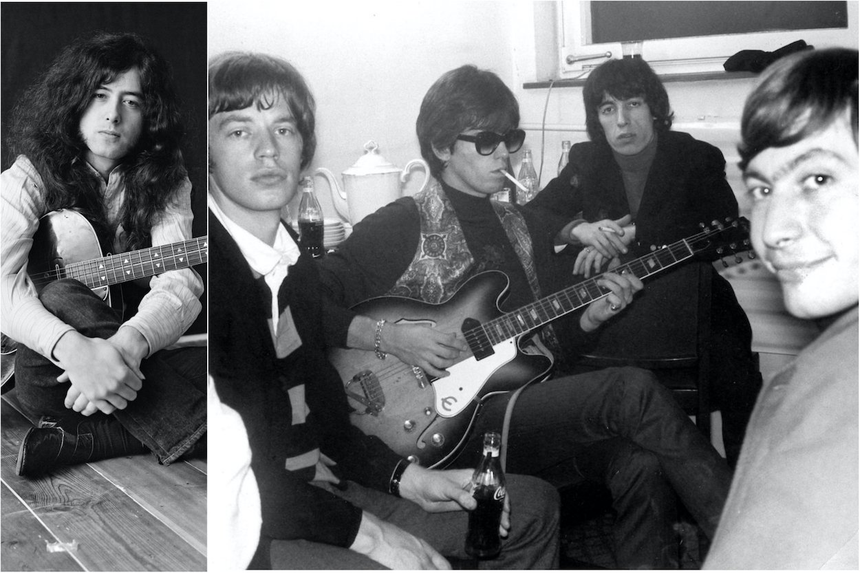 Jimmy Page (left) in 1970 and Mick Jagger, Keith Richards, Bill Wyman, and Charlie Watts of the Rolling Stones in 1965, around the time Page received some help from them on one recording.