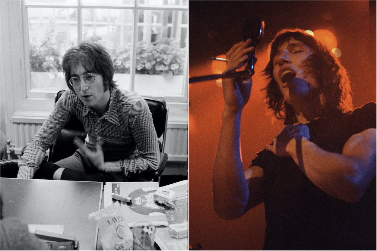 John Lennon at Apple Records in 1971; Roger Waters performs in 1972. John received high praise from Waters, specifically for one of John's solo songs.