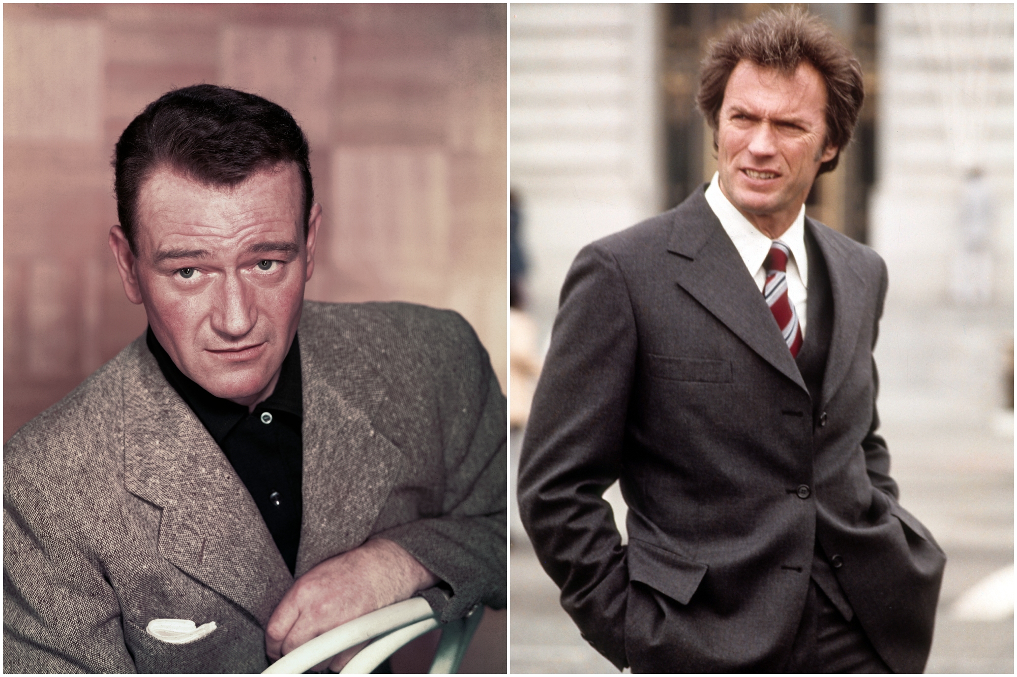 John Wayne and Clint Eastwood. Wayne is posing in a chair wearing a coat. Eastwood is wearing a suit and tie from 'Dirty Harry'