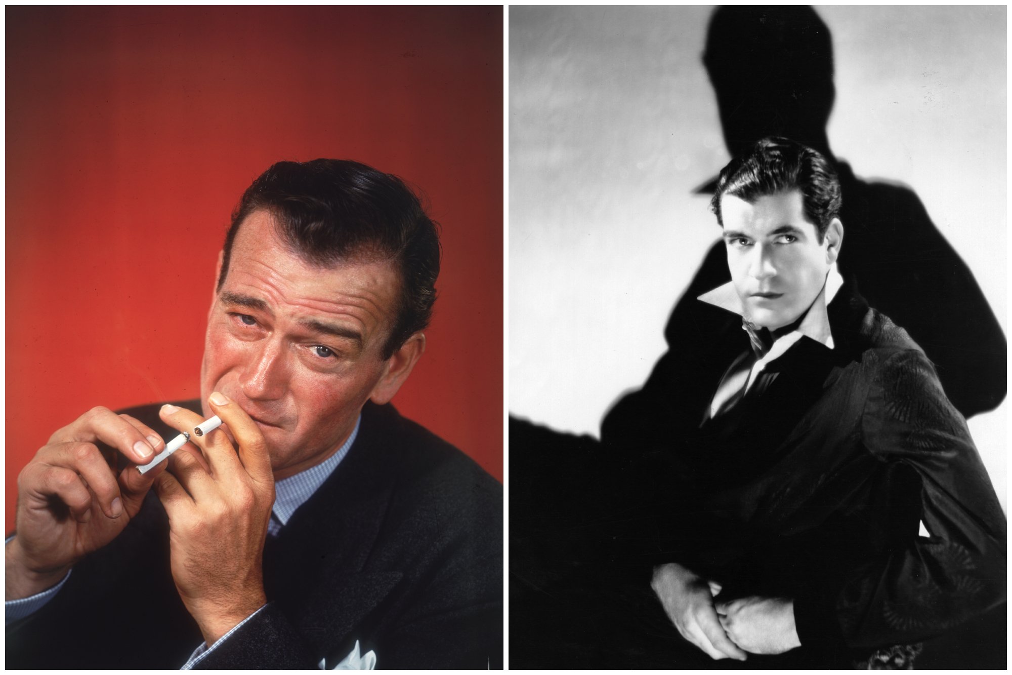 John Wayne and Grant Withers, who played a prank on each other. Wayne is lighting a cigarette with another cigarette in front of a red background. Withers is in a black-and-white picture posing with a dark shadow behind him.