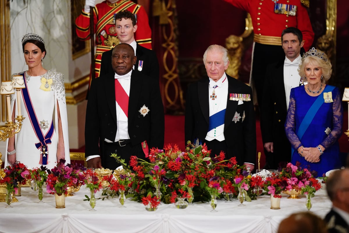 Kate Middleton, Princess of Wales, President Cyril Ramaphosa of South Africa, King Charles III and Camilla, Queen Consort during the State Banquet at Buckingham Palace during the State Visit to the UK by President Cyril Ramaphosa of South Africa on November 22, 2022 in London, England. This is the first state visit hosted by the UK with King Charles III as monarch, and the first state visit here by a South African leader since 2010