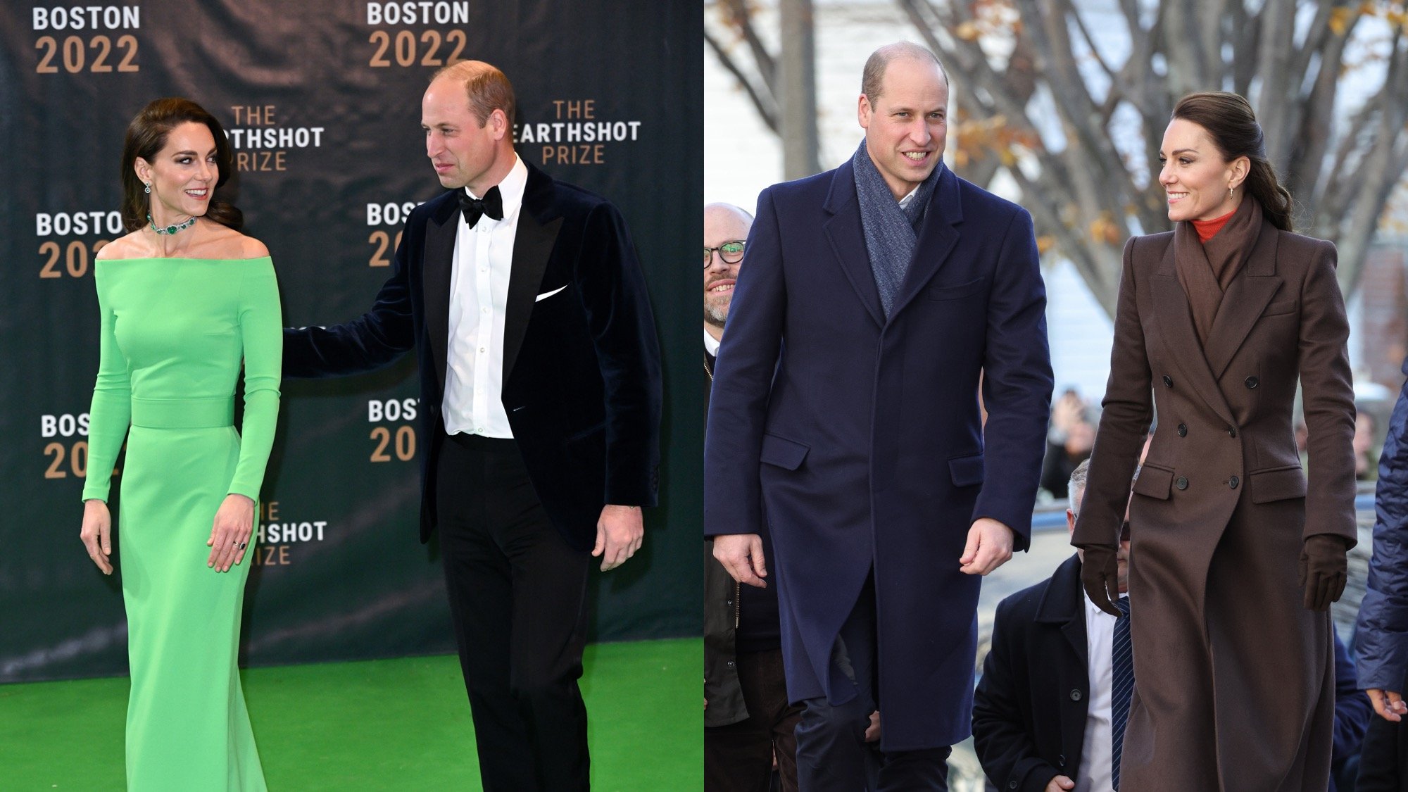(L) Kate Middleton, Princess of Wales, and Prince William, Prince of Wales, attend The Earthshot Prize 2022 at MGM Music Hall at Fenway on December 02, 2022, in Boston, Massachusetts. (R) Prince William, Prince of Wales, and Kate Middleton, Princess of Wales, visit east Boston to see the changing face of Boston’s shoreline as the city contends with rising sea levels on December 01, 2022, in Boston, Massachusetts.